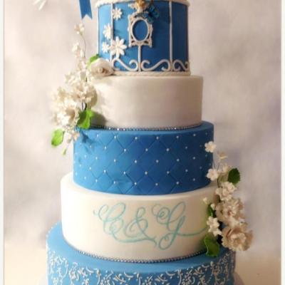 Wedding cake Colombe, cage a oiseaux bleu et blanc